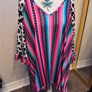 Vibrant Pink & Blue Striped V-Neck Blouse